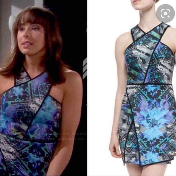 PARKER Tobias Halter Mini Dress Scuba Wrap Cut Out Blue Black Geometric Geo - Picture 11 of 11